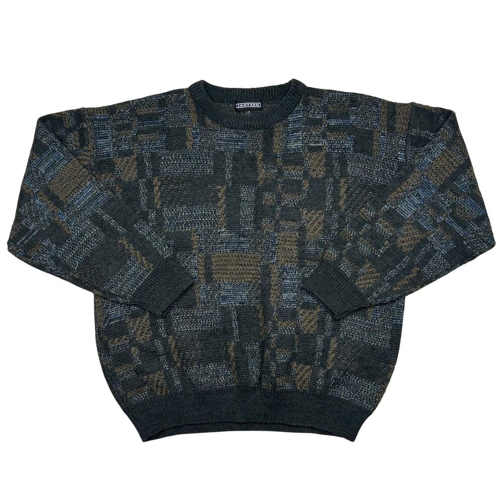 Vintage Jantzen 3D Textured Knit Crewneck Sweater Mens L Gray Brown Abstract
